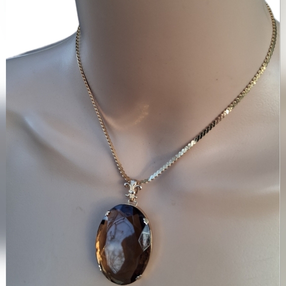 ✨️14K Gold Filled Serpentine Necklace - Vintage Smokey Quartz Glass Pendant - Picture 2 of 6
